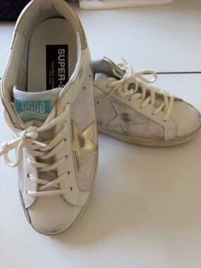 BNIB Golden Goose Women's White Suede Sneakers with Gold & Silver Star Accent